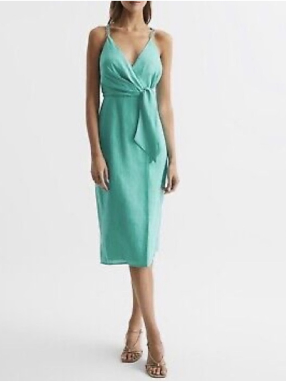NWT Reiss Esme Aqua Blue Dress Faux Wrap Linen Chain Strap US 10